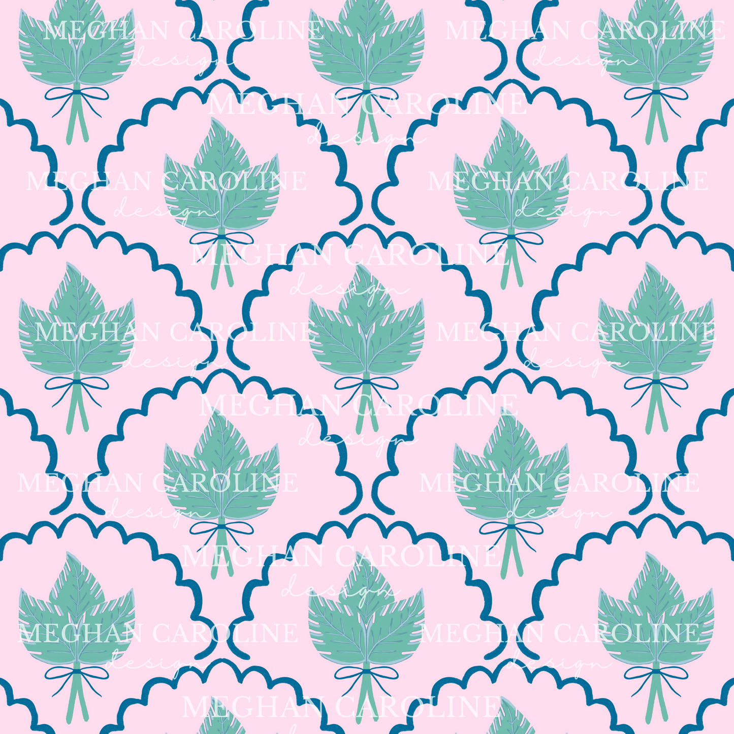 Green Palm Leaves - Blue Bow - Pink