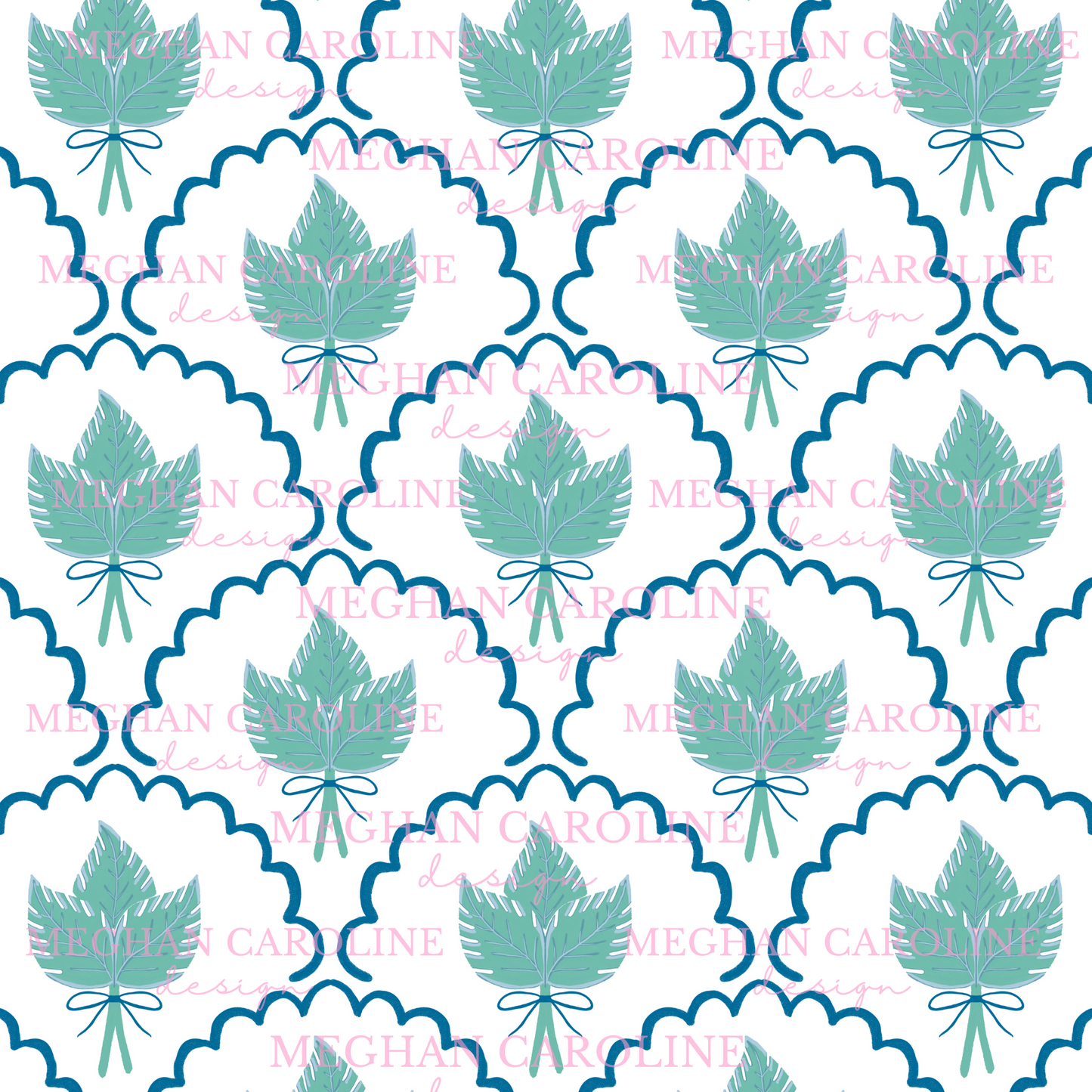Green Palm Leaves - Blue Bow - White