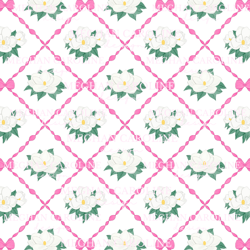 Magnolias with Hot Pink Bows - White