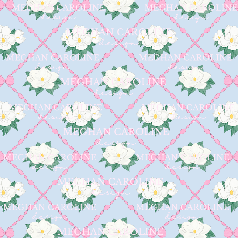 Magnolias with Pink Bows - Blue