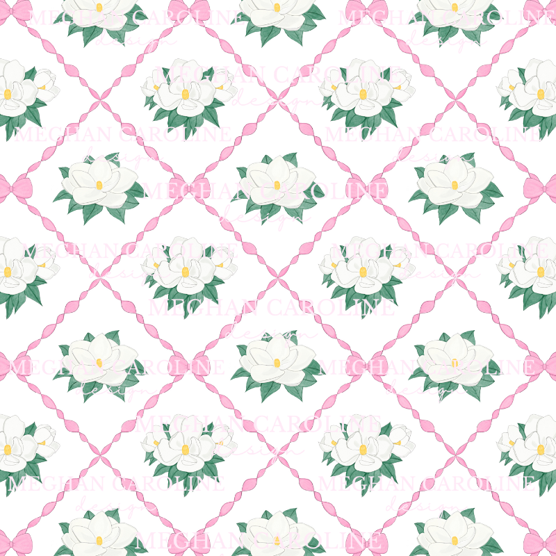 Magnolias with Pink Bows - White