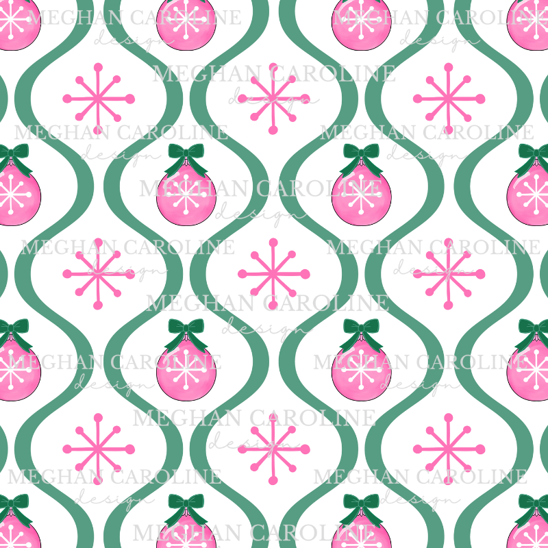 Pink Ornaments with Green Bow - White