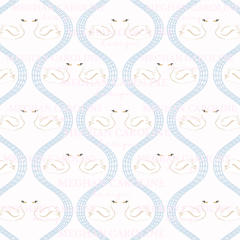 Swans - Blue Gingham - White