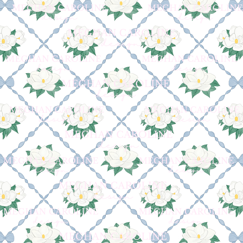 Magnolias with Blue Bows - White