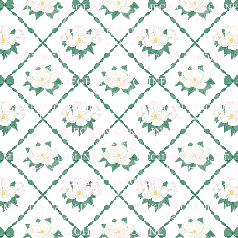 Magnolias with Green Bows - White