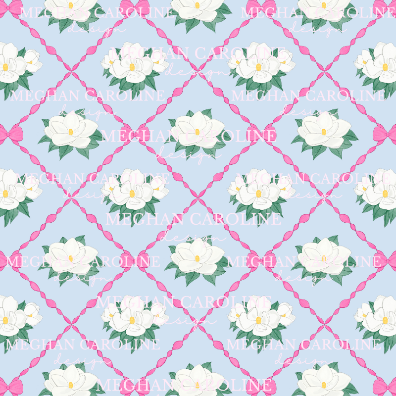 Magnolias with Hot Pink Bows - Blue