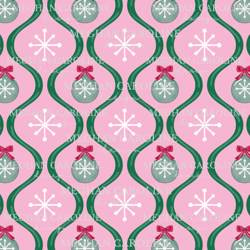 Green Ornaments with Red Bows - Pink