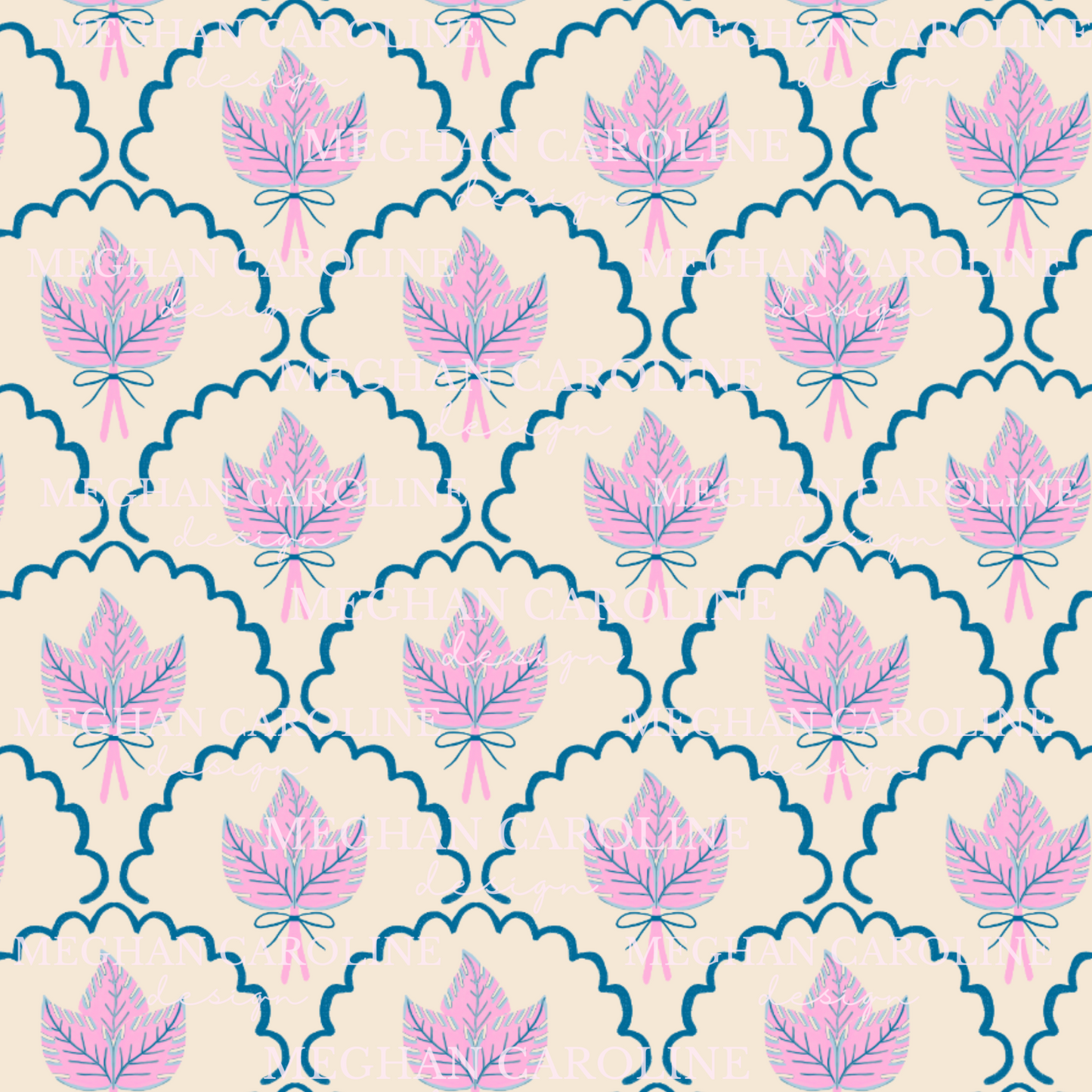 Palm Leaves - Pink & Navy - Beige