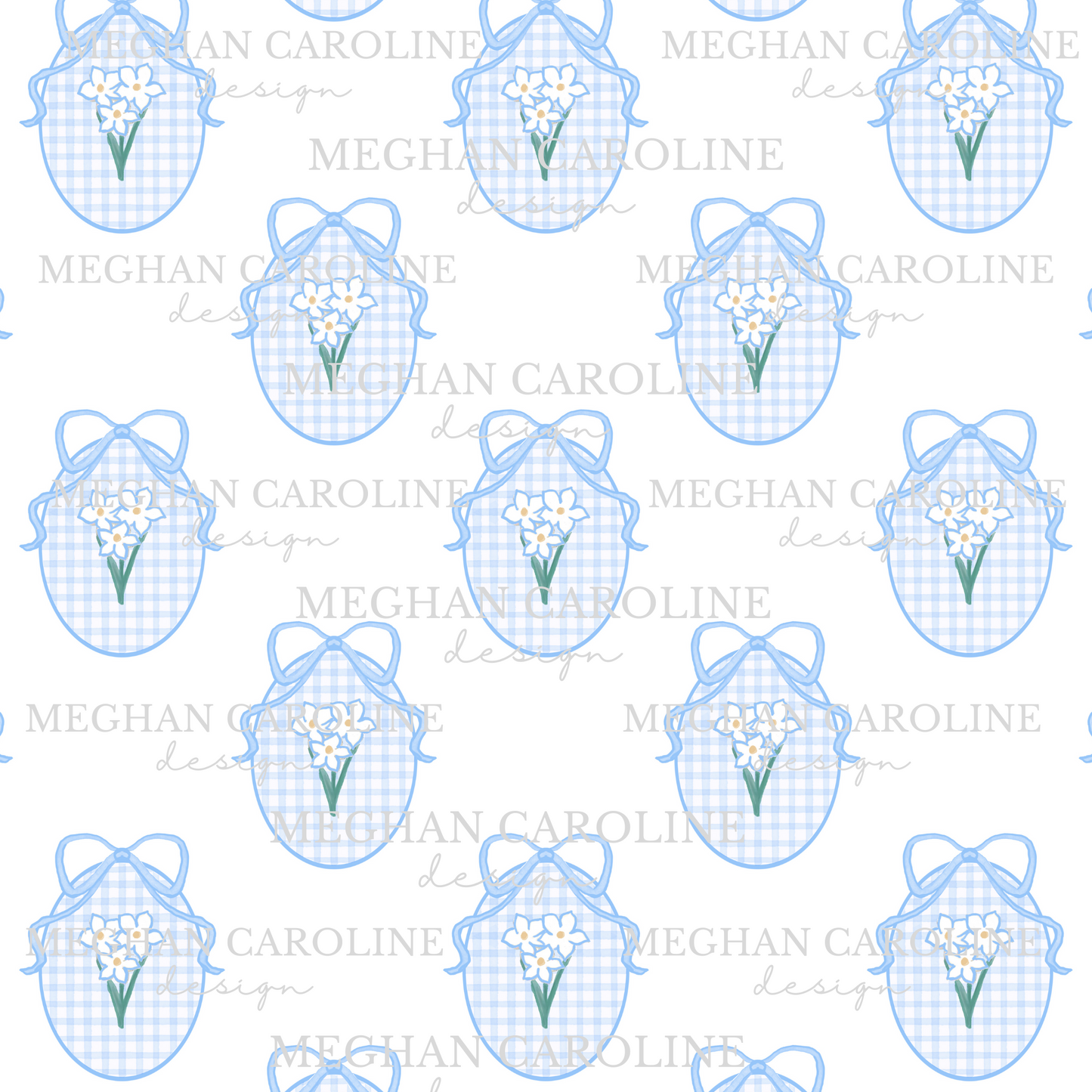 White Flowers - Blue Gingham