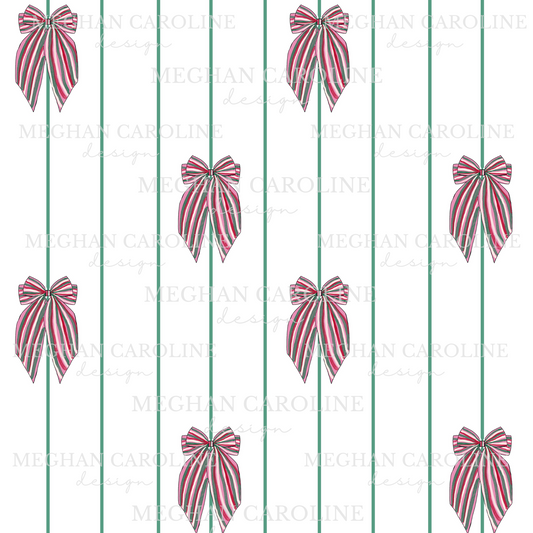 Christmas Bows - Green Stripes - White