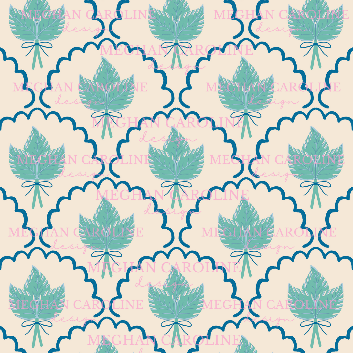 Green Palm Leaves - Blue Bow - Beige