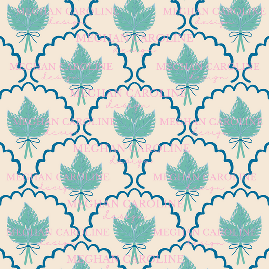 Green Palm Leaves - Blue Bow - Beige