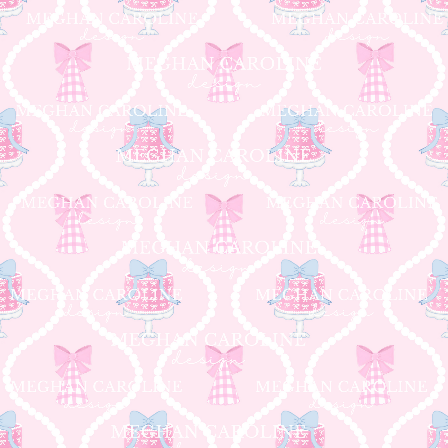 Pink Birthday Cake - Blue Bow - Pink Background