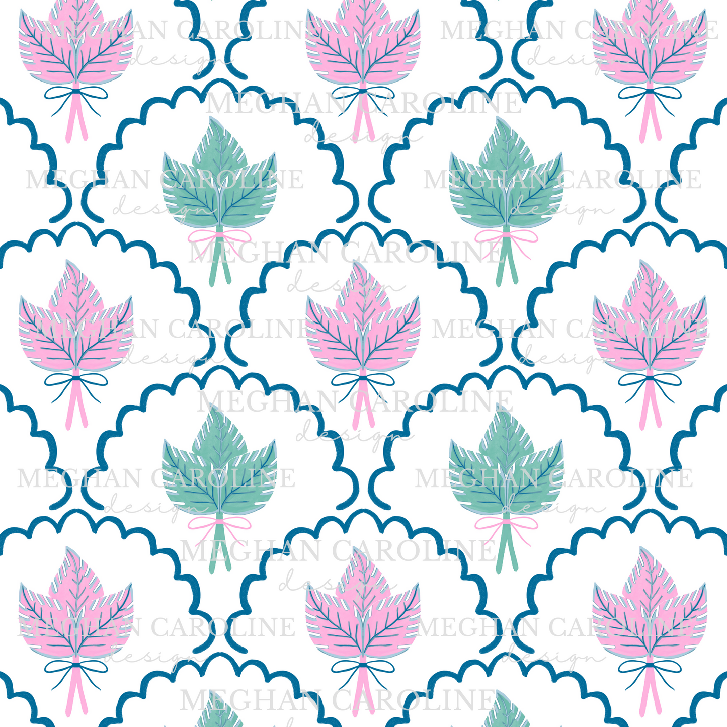 Pink & Green Palm Leaves & Bows - White