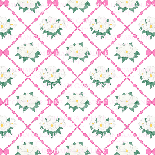 Magnolias with Hot Pink Bows - White