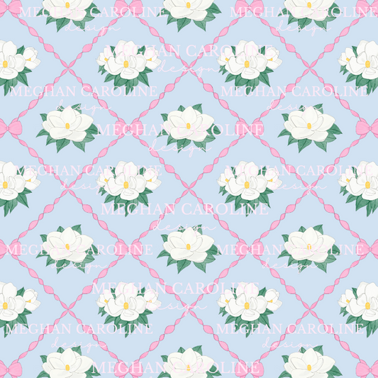 Magnolias with Pink Bows - Blue