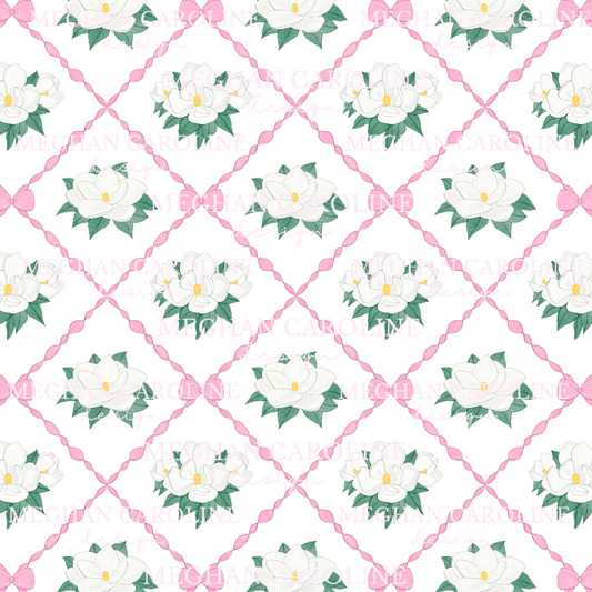 Magnolias with Pink Bows - White