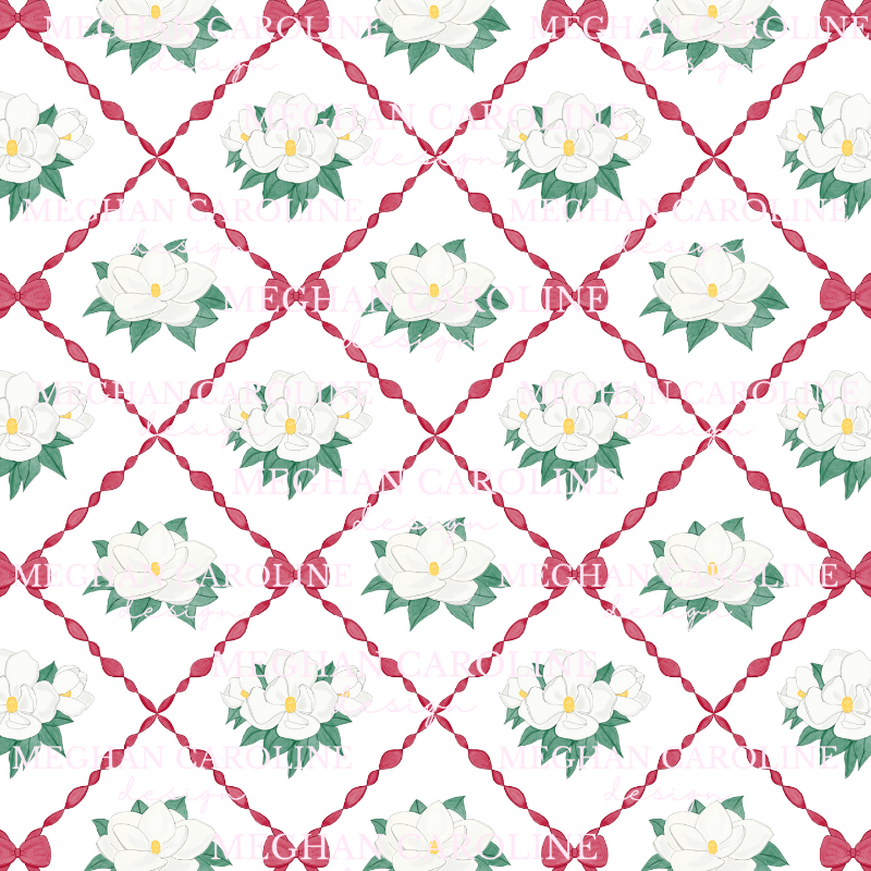Magnolias with Red Bows - White