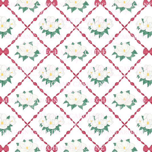 Magnolias with Red Bows - White