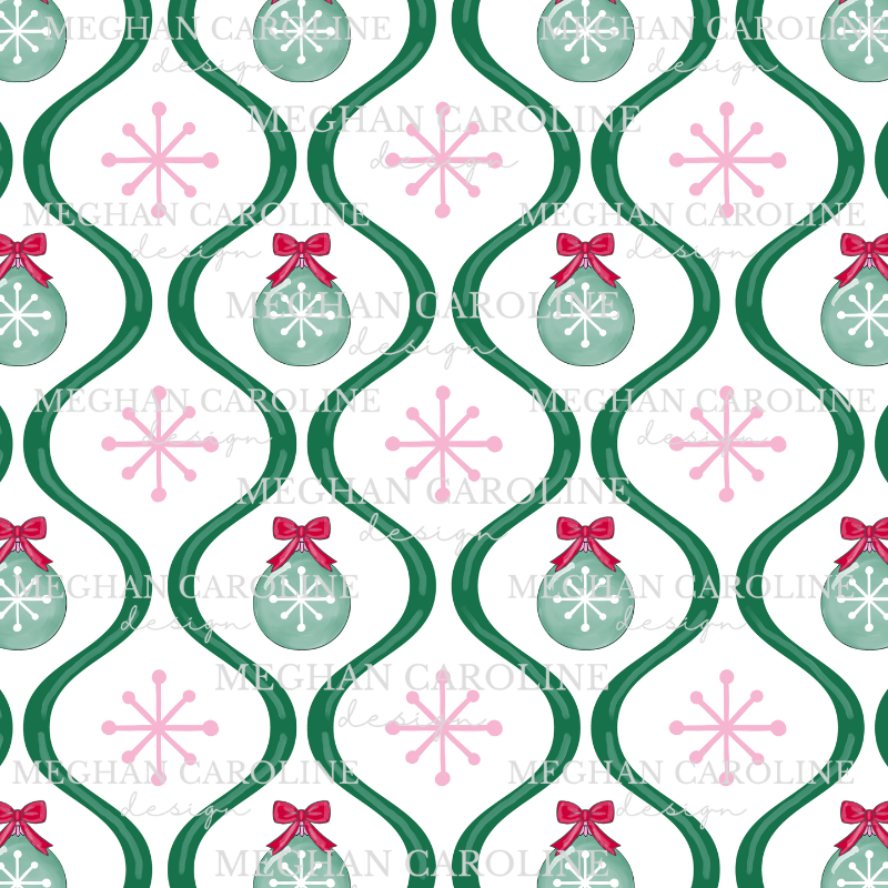Green Ornaments with Red Bows - White