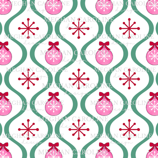 Pink Ornaments with Red Bows - White