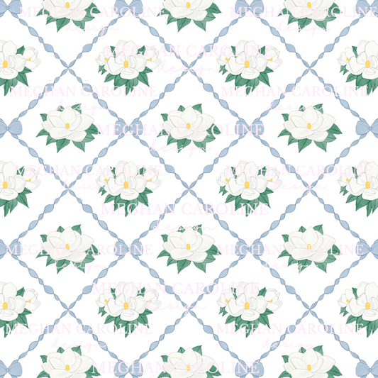 Magnolias with Blue Bows - White