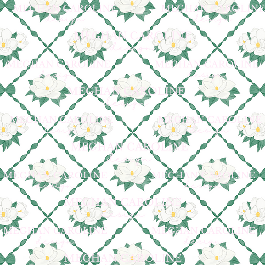Magnolias with Green Bows - White