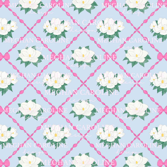 Magnolias with Hot Pink Bows - Blue