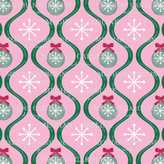 Green Ornaments with Red Bows - Pink